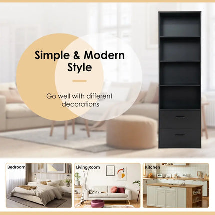 6-Tier Tall Freestanding Bookshelf with 4 Open Shelves and 2 Drawers-Black - Black - Bookcases