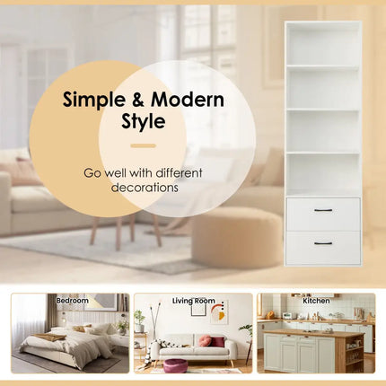 6-Tier Tall Freestanding Bookshelf with 4 Open Shelves and 2 Drawers-White - White - Bookcases