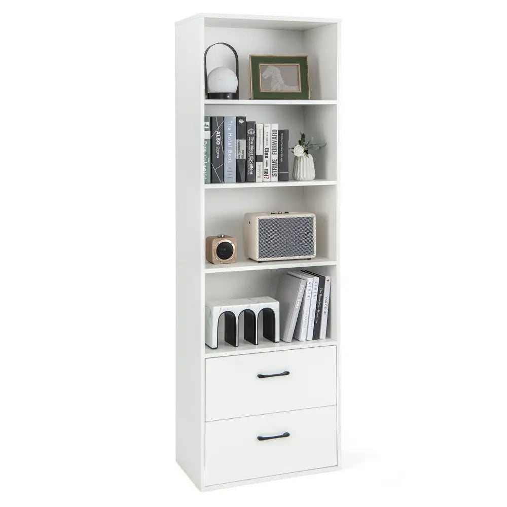 6-Tier Tall Freestanding Bookshelf with 4 Open Shelves and 2 Drawers-White - White - Bookcases