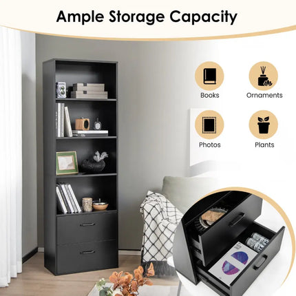 6-Tier Tall Freestanding Bookshelf with 4 Open Shelves and 2 Drawers-Black - Black - Bookcases