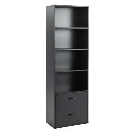 6-Tier Tall Freestanding Bookshelf with 4 Open Shelves and 2 Drawers-Black - Black - Bookcases