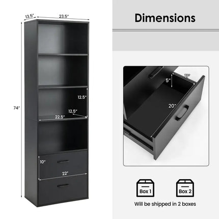 6-Tier Tall Freestanding Bookshelf with 4 Open Shelves and 2 Drawers-Black - Black - Bookcases