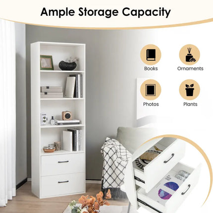 6-Tier Tall Freestanding Bookshelf with 4 Open Shelves and 2 Drawers-White - White - Bookcases