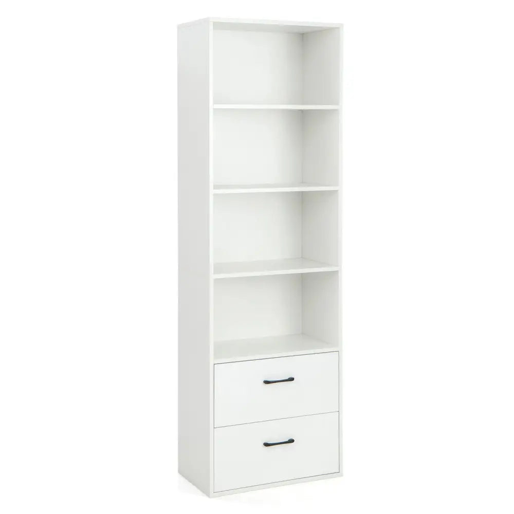 6-Tier Tall Freestanding Bookshelf with 4 Open Shelves and 2 Drawers-White - White - Bookcases