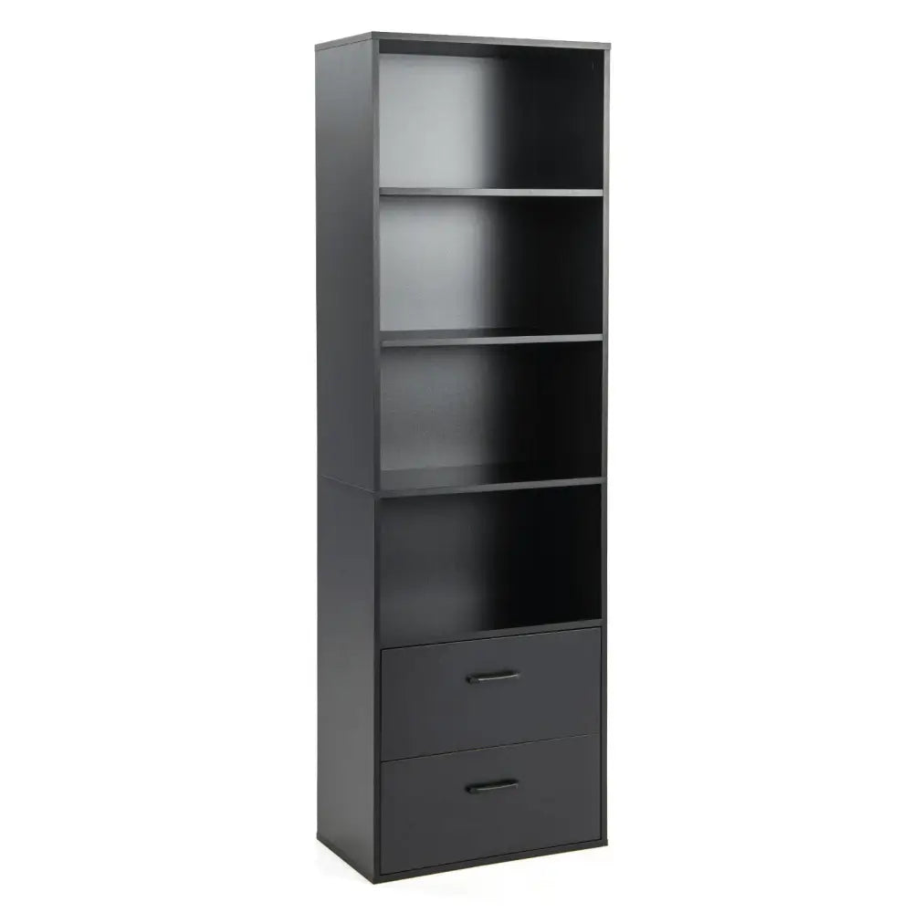6-Tier Tall Freestanding Bookshelf with 4 Open Shelves and 2 Drawers-Black - Black - Bookcases