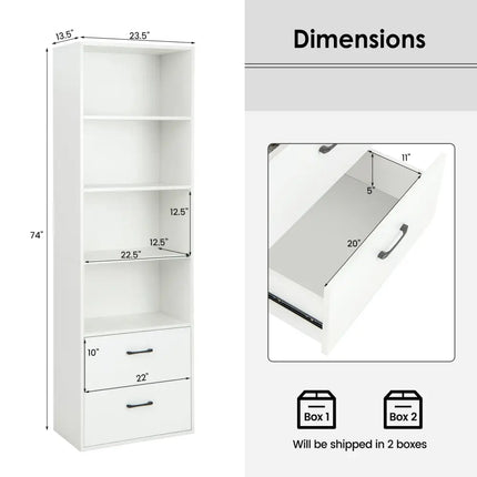 6-Tier Tall Freestanding Bookshelf with 4 Open Shelves and 2 Drawers-White - White - Bookcases