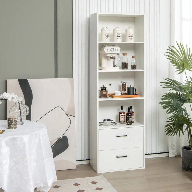 6-Tier Tall Freestanding Bookshelf with 4 Open Shelves and 2 Drawers-White - White - Bookcases