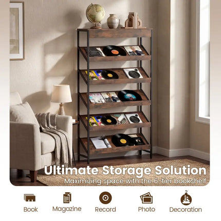 6-Tier Tall Freestanding Bookshelf with Angled Shelves for Home Office-Rustic Brown - Rustic Brown - Bookcases