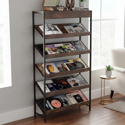 6-Tier Tall Freestanding Bookshelf with Angled Shelves for Home Office-Rustic Brown - Rustic Brown - Bookcases