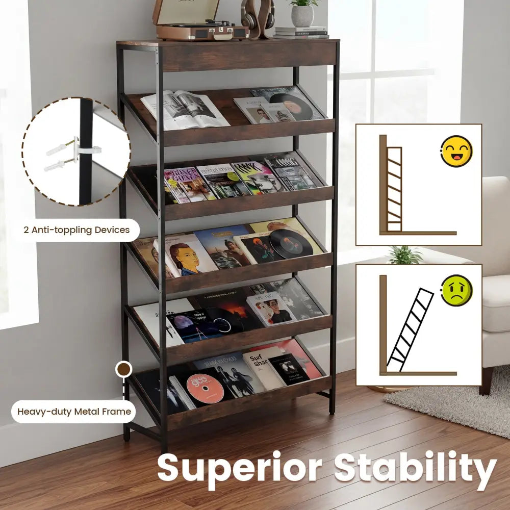 6-Tier Tall Freestanding Bookshelf with Angled Shelves for Home Office-Rustic Brown - Rustic Brown - Bookcases