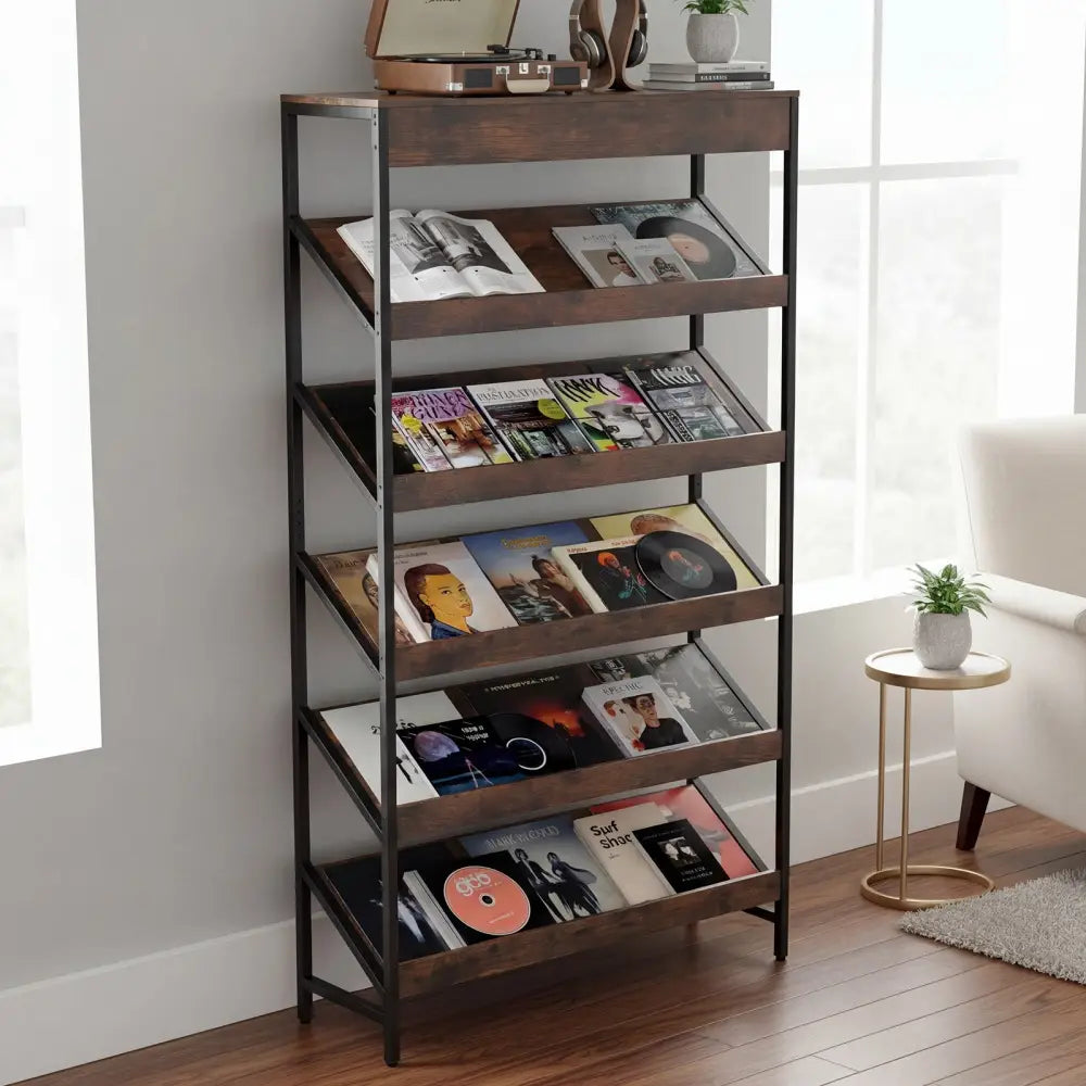 6-Tier Tall Freestanding Bookshelf with Angled Shelves for Home Office-Rustic Brown - Rustic Brown - Bookcases