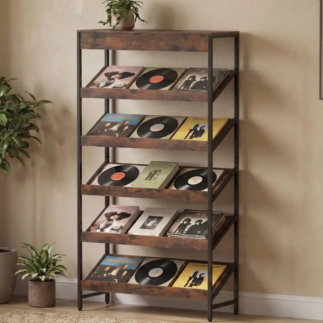6-Tier Tall Freestanding Bookshelf with Angled Shelves for Home Office-Rustic Brown - Rustic Brown - Bookcases
