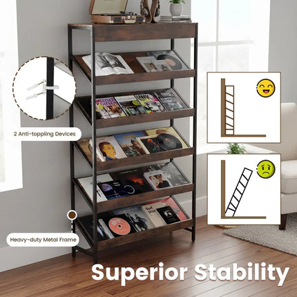 6-Tier Tall Freestanding Bookshelf with Angled Shelves for Home Office-Rustic Brown - Rustic Brown - Bookcases