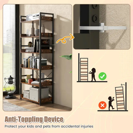 6-Tier Tall Industrial Bookcase with Open Shelves and 4 Hooks-Brown - Brown - Bookcases