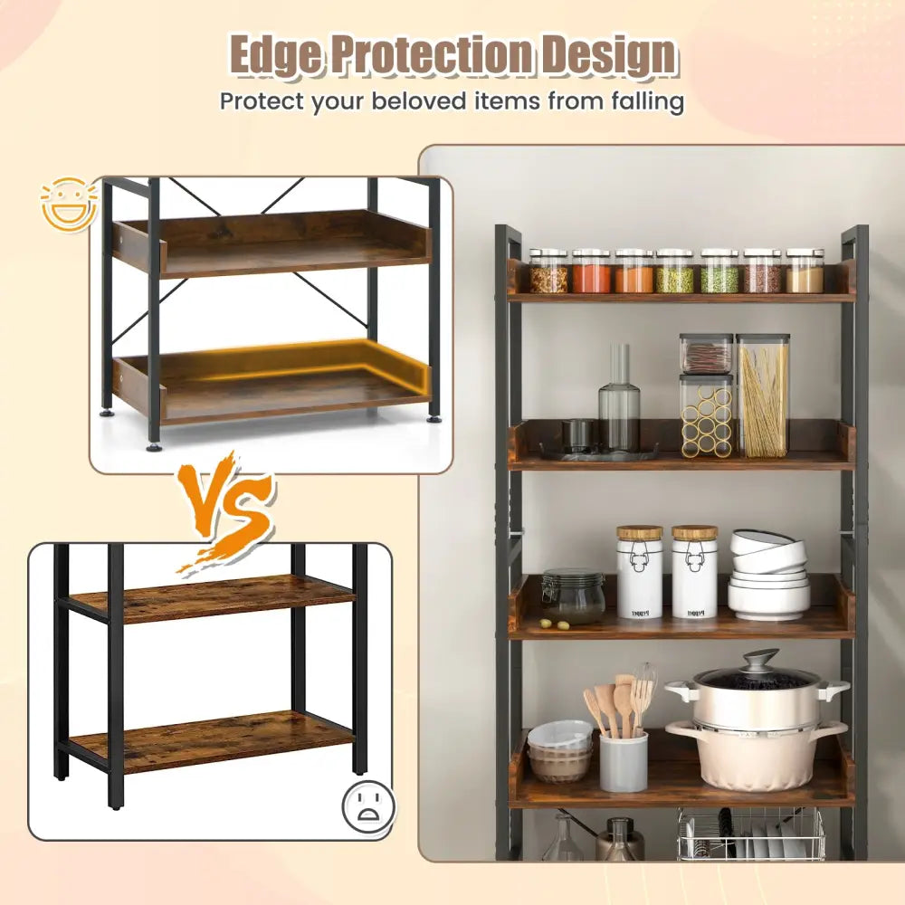 6-Tier Tall Industrial Bookcase with Open Shelves and 4 Hooks-Brown - Brown - Bookcases