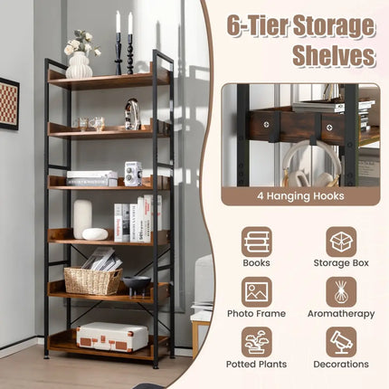 6-Tier Tall Industrial Bookcase with Open Shelves and 4 Hooks-Brown - Brown - Bookcases