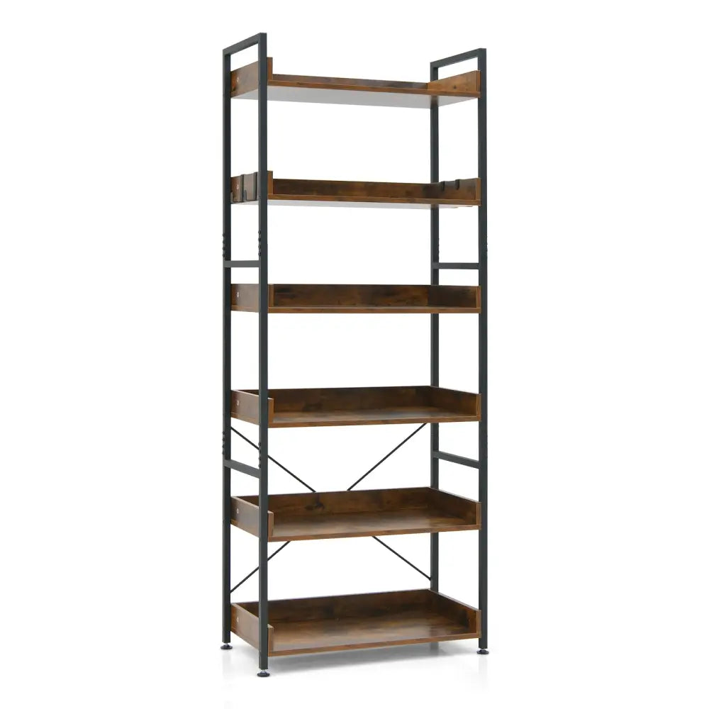 6-Tier Tall Industrial Bookcase with Open Shelves and 4 Hooks-Brown - Brown - Bookcases