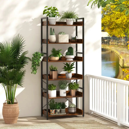 6-Tier Tall Industrial Bookcase with Open Shelves and 4 Hooks-Brown - Brown - Bookcases