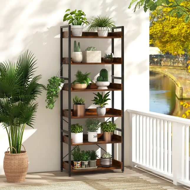 6-Tier Tall Industrial Bookcase with Open Shelves and 4 Hooks-Brown - Brown - Bookcases