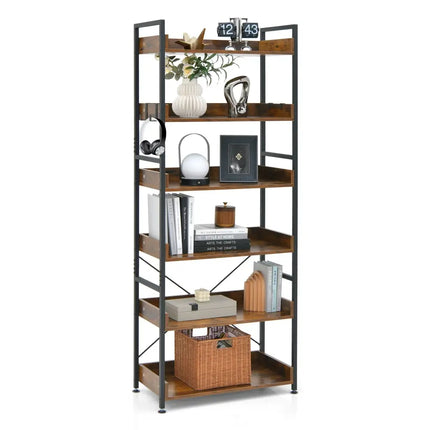 6-Tier Tall Industrial Bookcase with Open Shelves and 4 Hooks-Brown - Brown - Bookcases