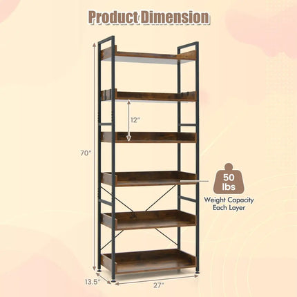 6-Tier Tall Industrial Bookcase with Open Shelves and 4 Hooks-Brown - Brown - Bookcases