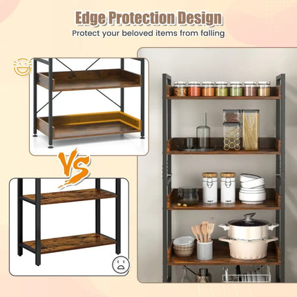 6-Tier Tall Industrial Bookcase with Open Shelves and 4 Hooks-Brown - Brown - Bookcases