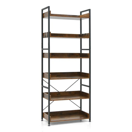 6-Tier Tall Industrial Bookcase with Open Shelves and 4 Hooks-Brown - Brown - Bookcases