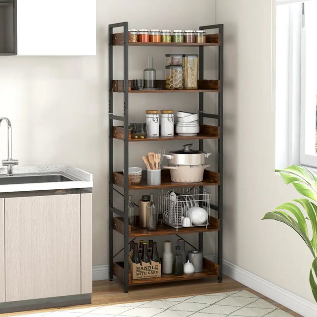 6-Tier Tall Industrial Bookcase with Open Shelves and 4 Hooks-Brown - Brown - Bookcases