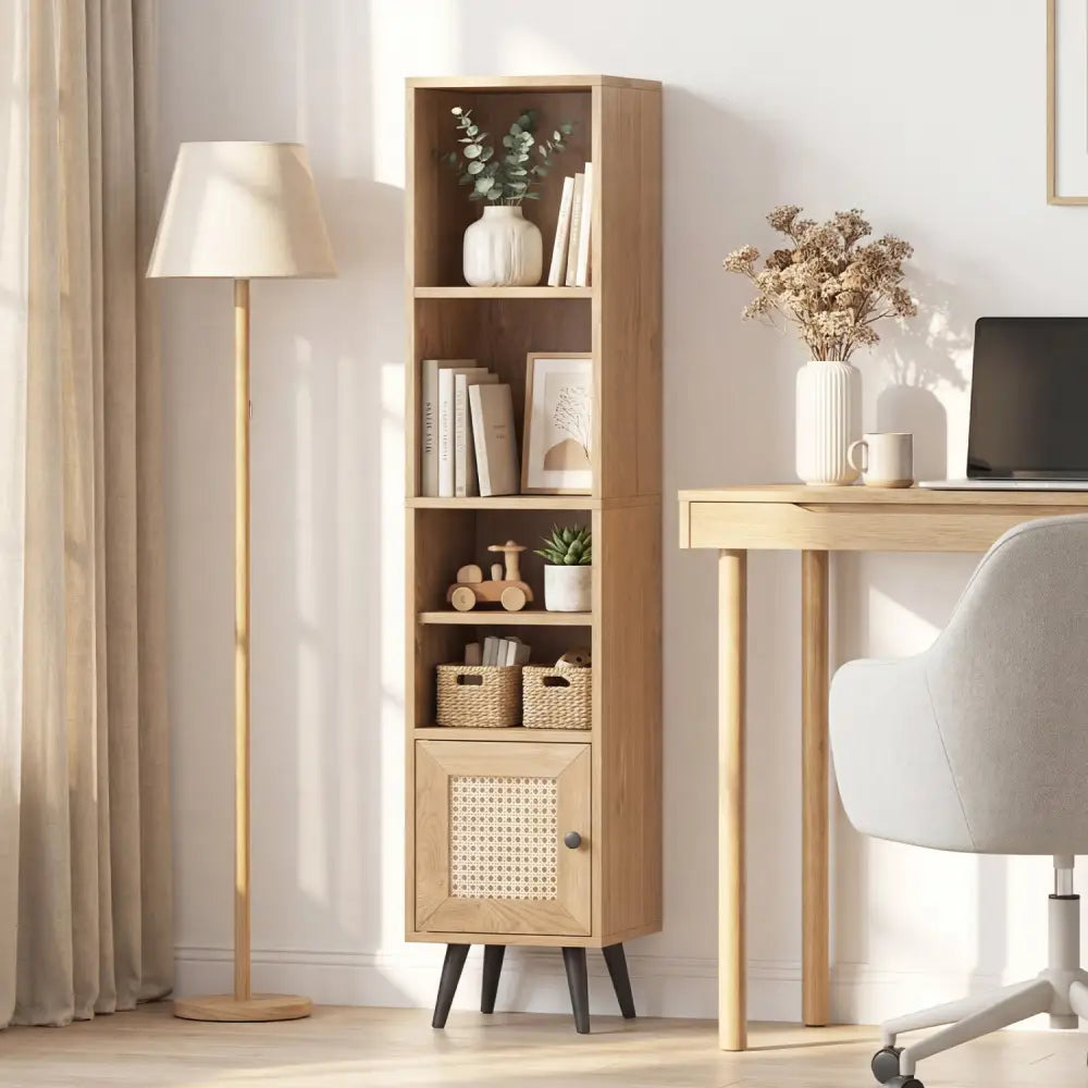 6-Tier Tall Narrow Bookcase 54 Inches Slim Storage Cabinet-Natural - Natural - Bookcases