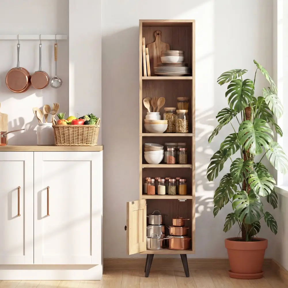 6-Tier Tall Narrow Bookcase 54 Inches Slim Storage Cabinet-Natural - Natural - Bookcases