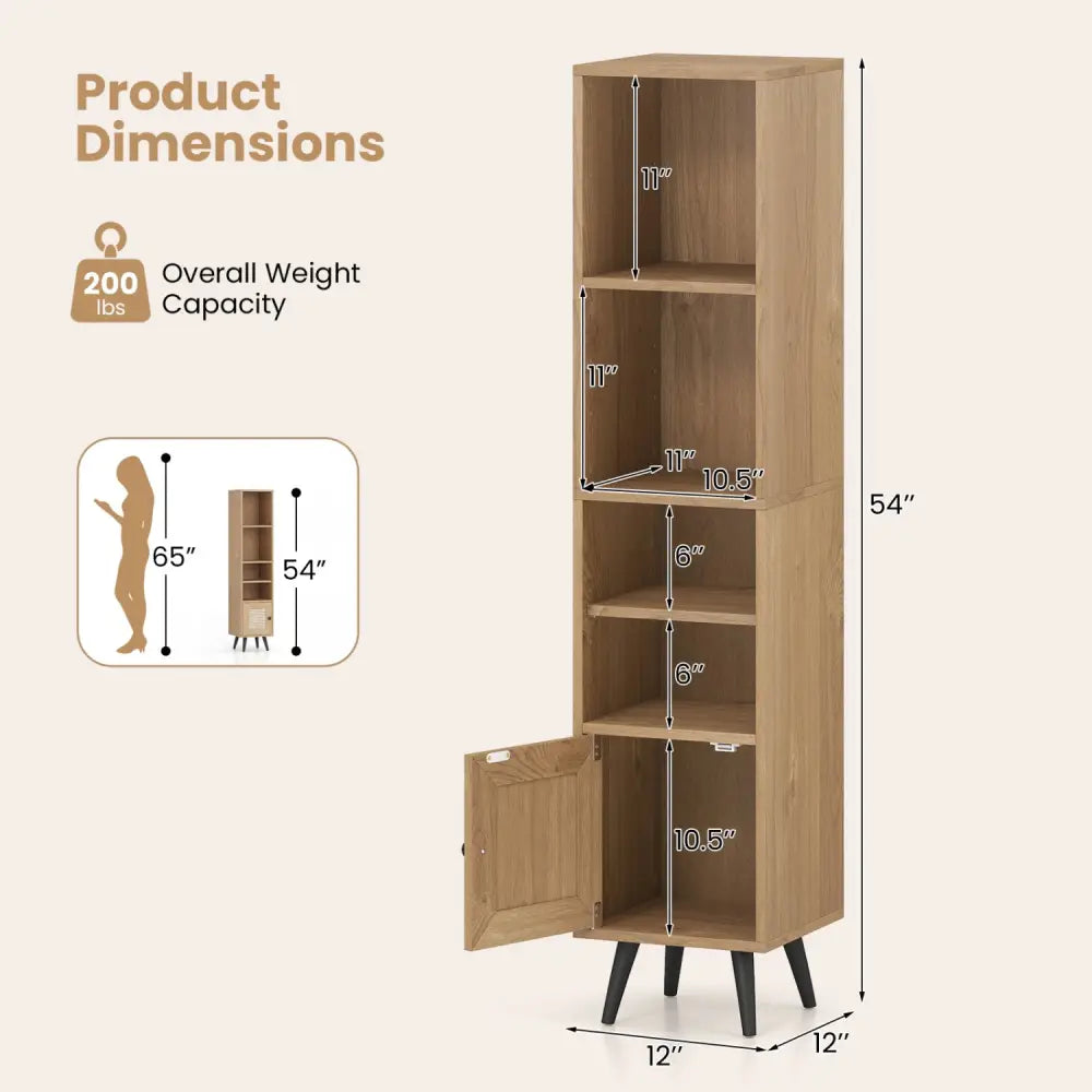 6-Tier Tall Narrow Bookcase 54 Inches Slim Storage Cabinet-Natural - Natural - Bookcases
