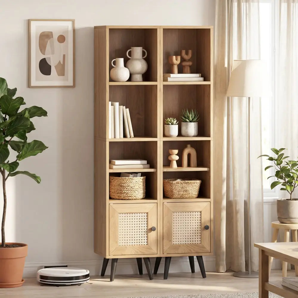 6-Tier Tall Narrow Bookcase 54 Inches Slim Storage Cabinet-Natural - Natural - Bookcases