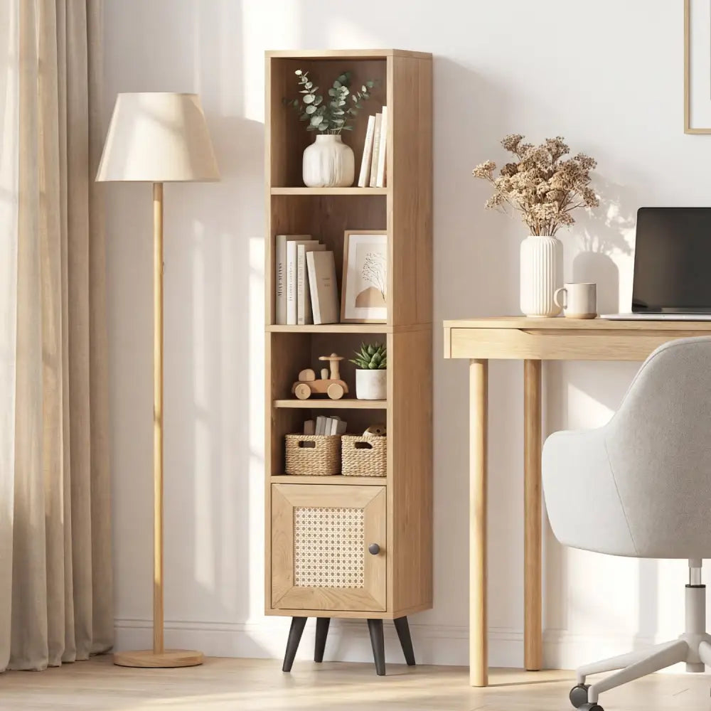 6-Tier Tall Narrow Bookcase 54 Inches Slim Storage Cabinet-Natural - Natural - Bookcases