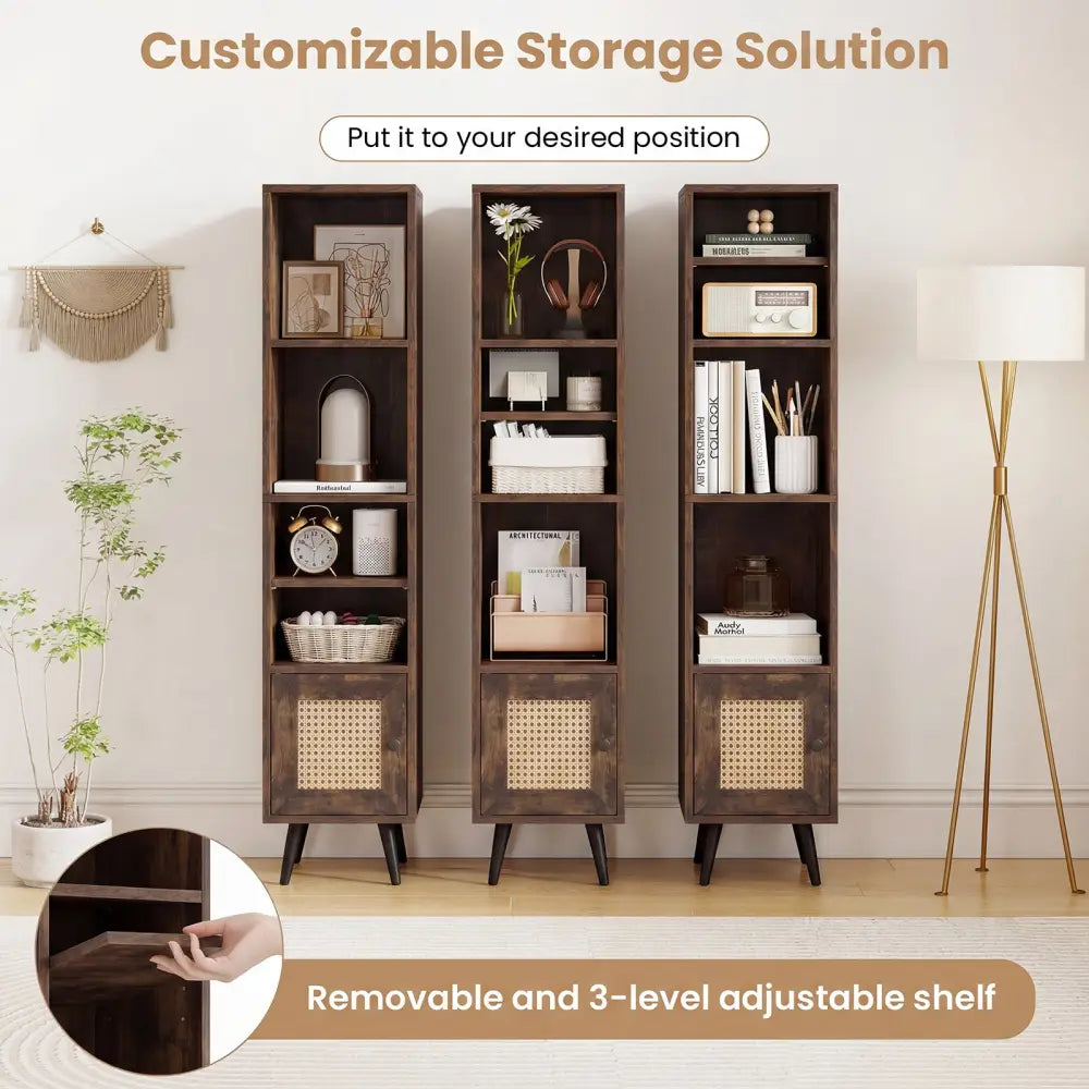 6-Tier Tall Narrow Bookcase 54 Inches Slim Storage Cabinet-Rustic Brown - Rustic Brown - Bookcases