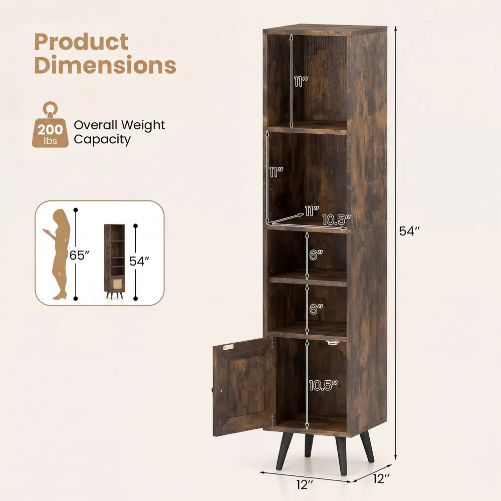 6-Tier Tall Narrow Bookcase 54 Inches Slim Storage Cabinet-Rustic Brown - Rustic Brown - Bookcases