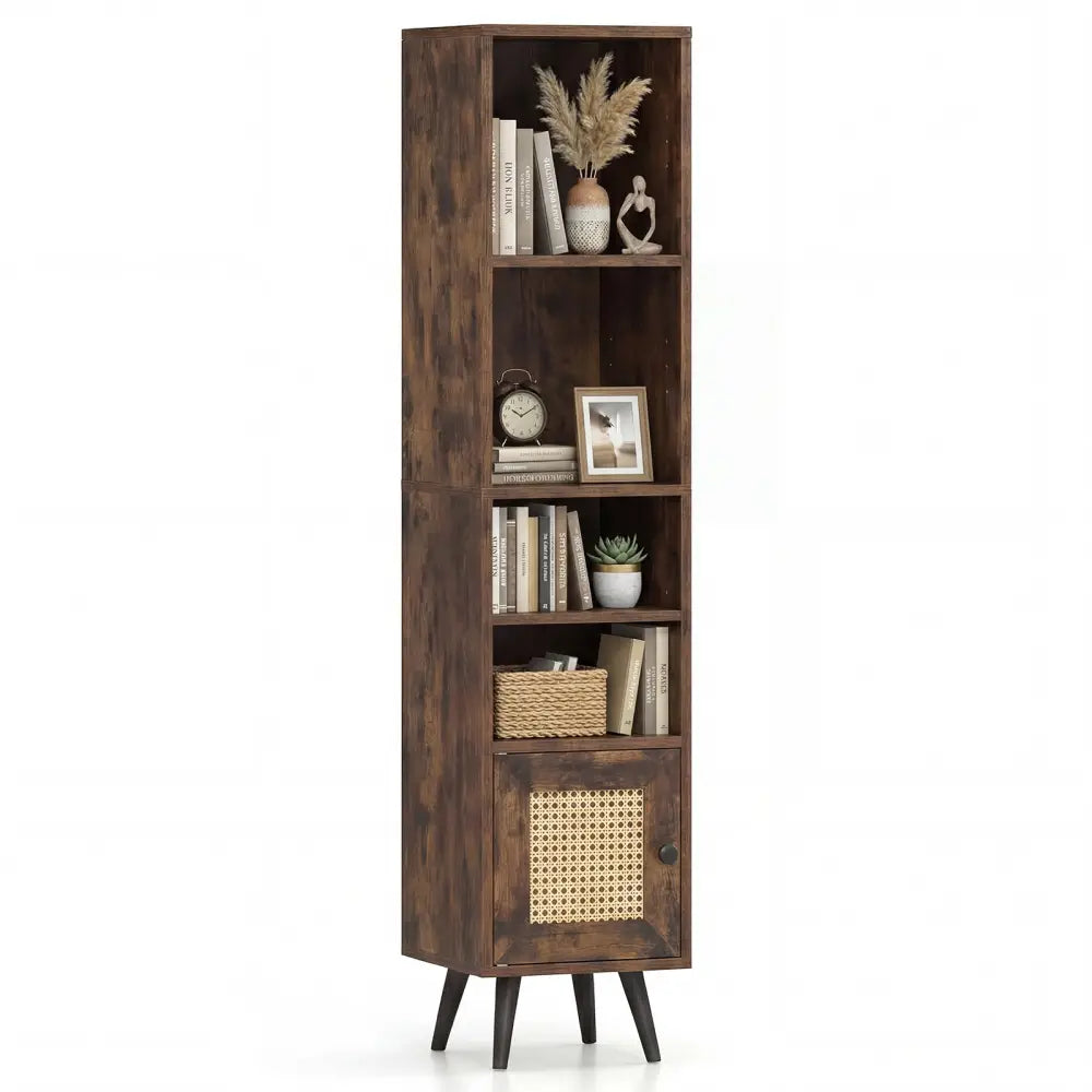 6-Tier Tall Narrow Bookcase 54 Inches Slim Storage Cabinet-Rustic Brown - Rustic Brown - Bookcases