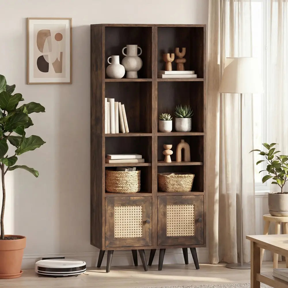 6-Tier Tall Narrow Bookcase 54 Inches Slim Storage Cabinet-Rustic Brown - Rustic Brown - Bookcases