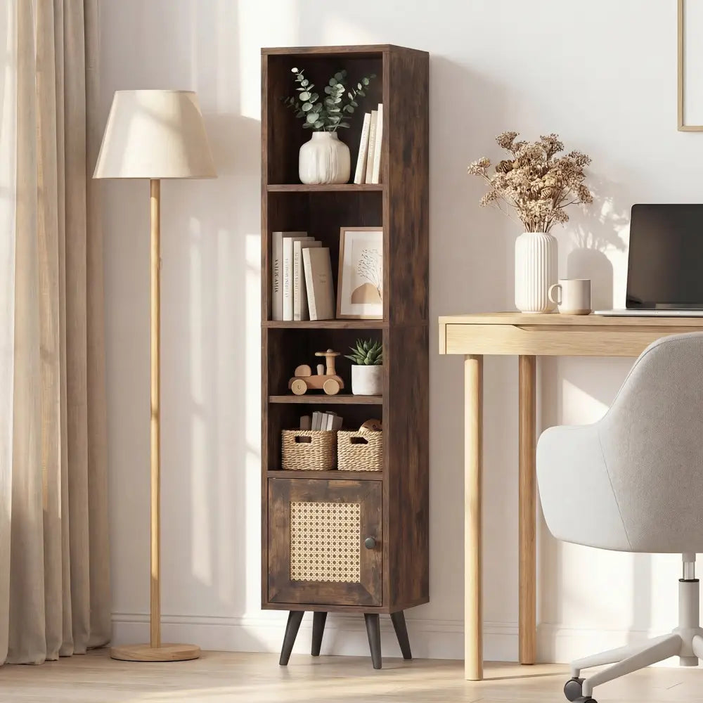 6-Tier Tall Narrow Bookcase 54 Inches Slim Storage Cabinet-Rustic Brown - Rustic Brown - Bookcases