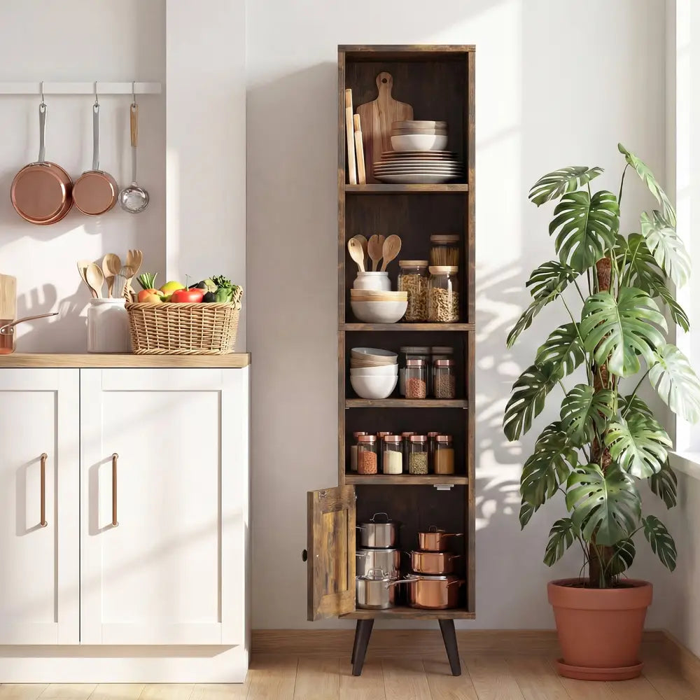 6-Tier Tall Narrow Bookcase 54 Inches Slim Storage Cabinet-Rustic Brown - Rustic Brown - Bookcases