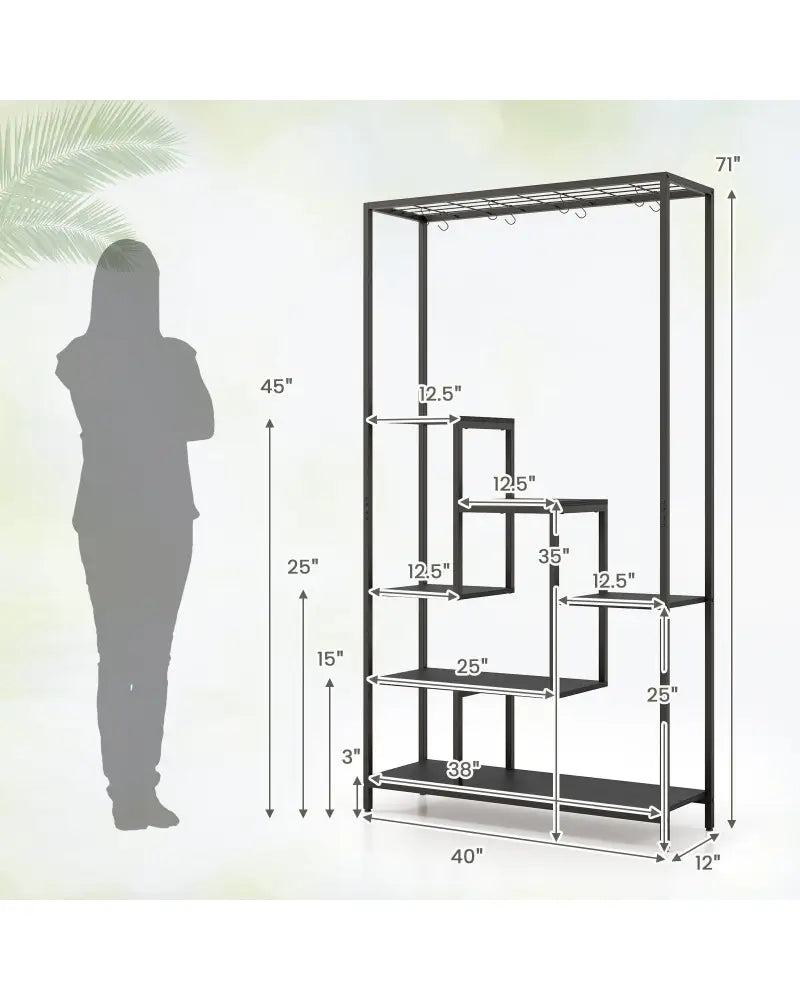 6-Tier Tall Plant Stand 71 Inch Metal Indoor Plant Shelf with 10 Hanging Hooks-Black - Black - Plant Stands