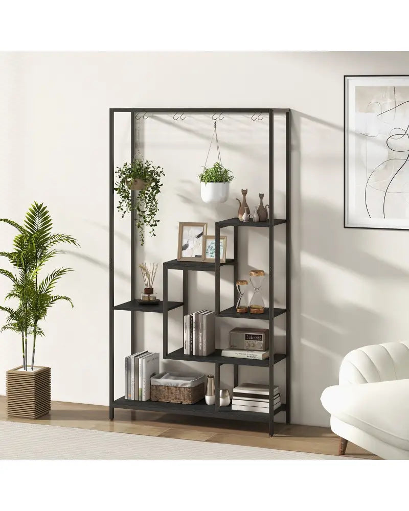 6-Tier Tall Plant Stand 71 Inch Metal Indoor Plant Shelf with 10 Hanging Hooks-Black - Black - Plant Stands