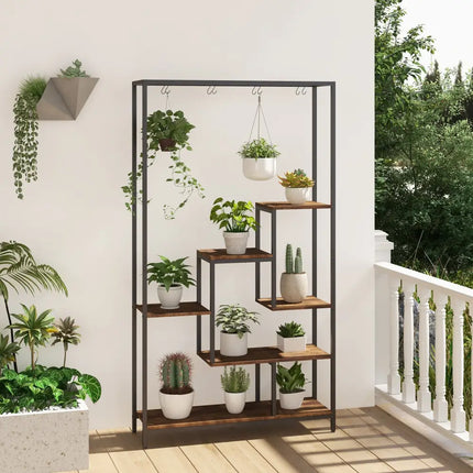 6-Tier Tall Plant Stand 71 Inch Metal Indoor Plant Shelf with 10 Hanging Hooks-Rustic Brown - Rustic Brown - Plant