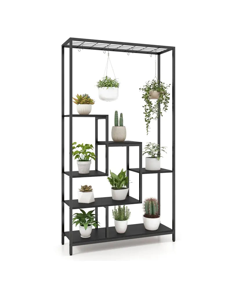 6-Tier Tall Plant Stand 71 Inch Metal Indoor Plant Shelf with 10 Hanging Hooks-Black - Black - Plant Stands