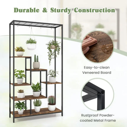 6-Tier Tall Plant Stand 71 Inch Metal Indoor Plant Shelf with 10 Hanging Hooks-Rustic Brown - Rustic Brown - Plant