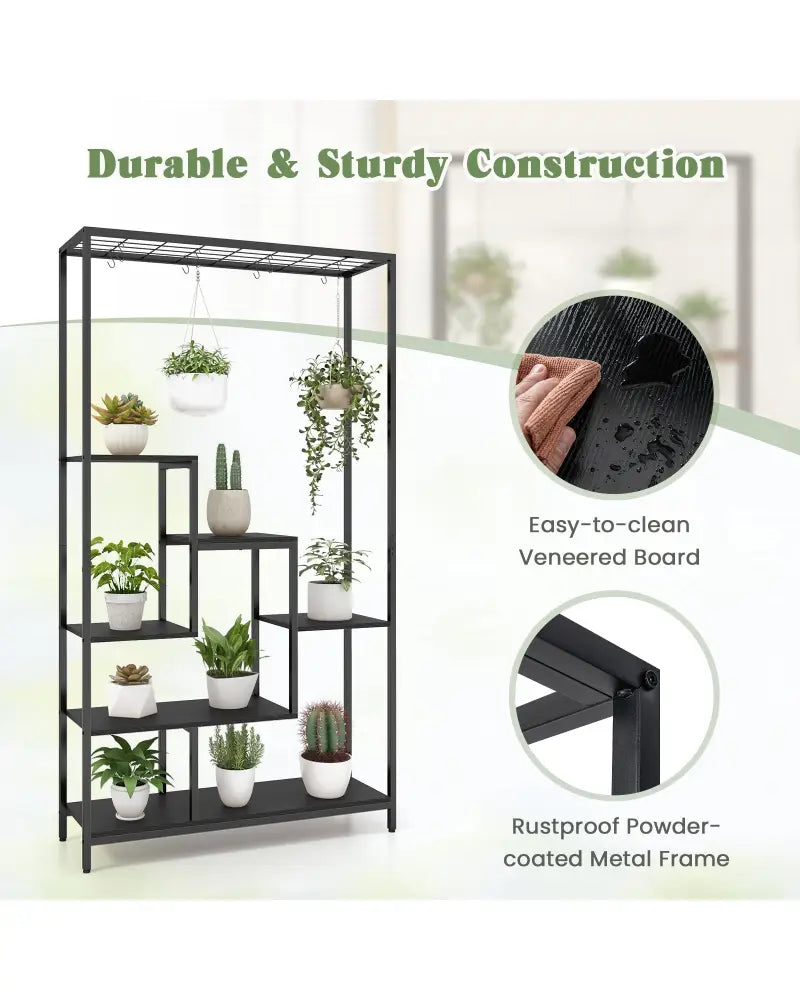 6-Tier Tall Plant Stand 71 Inch Metal Indoor Plant Shelf with 10 Hanging Hooks-Black - Black - Plant Stands