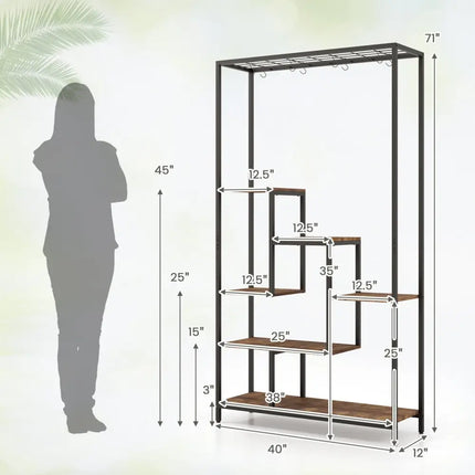 6-Tier Tall Plant Stand 71 Inch Metal Indoor Plant Shelf with 10 Hanging Hooks-Rustic Brown - Rustic Brown - Plant