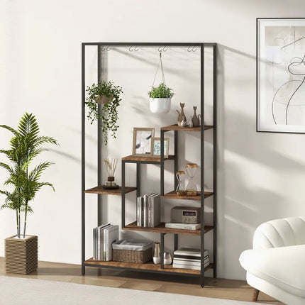 6-Tier Tall Plant Stand 71 Inch Metal Indoor Plant Shelf with 10 Hanging Hooks-Rustic Brown - Rustic Brown - Plant