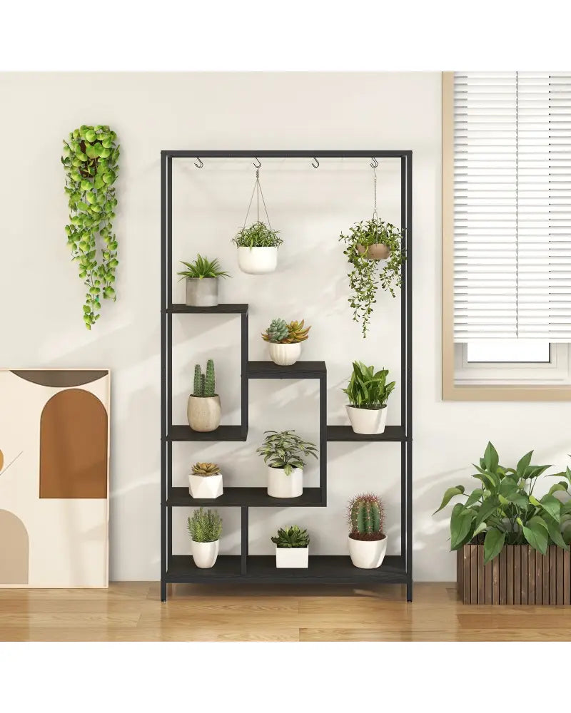 6-Tier Tall Plant Stand 71 Inch Metal Indoor Plant Shelf with 10 Hanging Hooks-Black - Black - Plant Stands