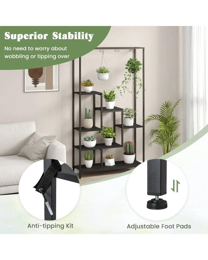 6-Tier Tall Plant Stand 71 Inch Metal Indoor Plant Shelf with 10 Hanging Hooks-Black - Black - Plant Stands