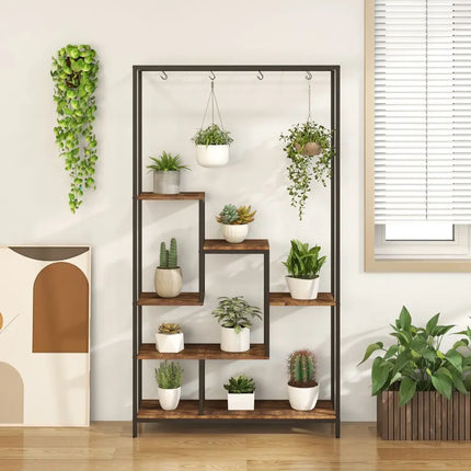 6-Tier Tall Plant Stand 71 Inch Metal Indoor Plant Shelf with 10 Hanging Hooks-Rustic Brown - Rustic Brown - Plant
